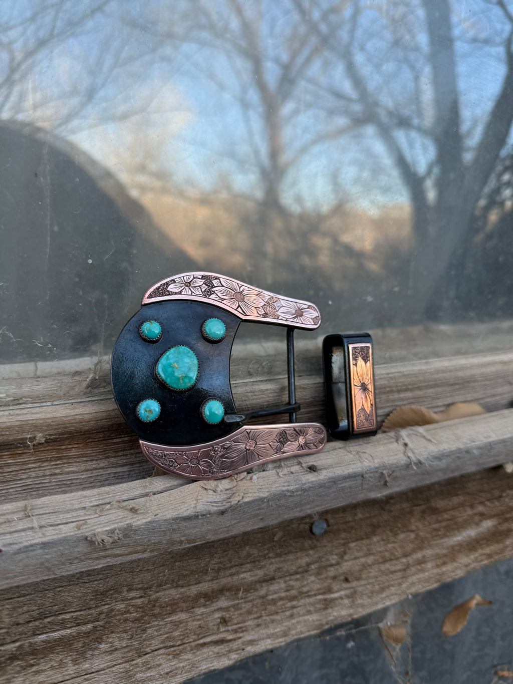 Turquoise Buckler W/ Flower Engraved Copper