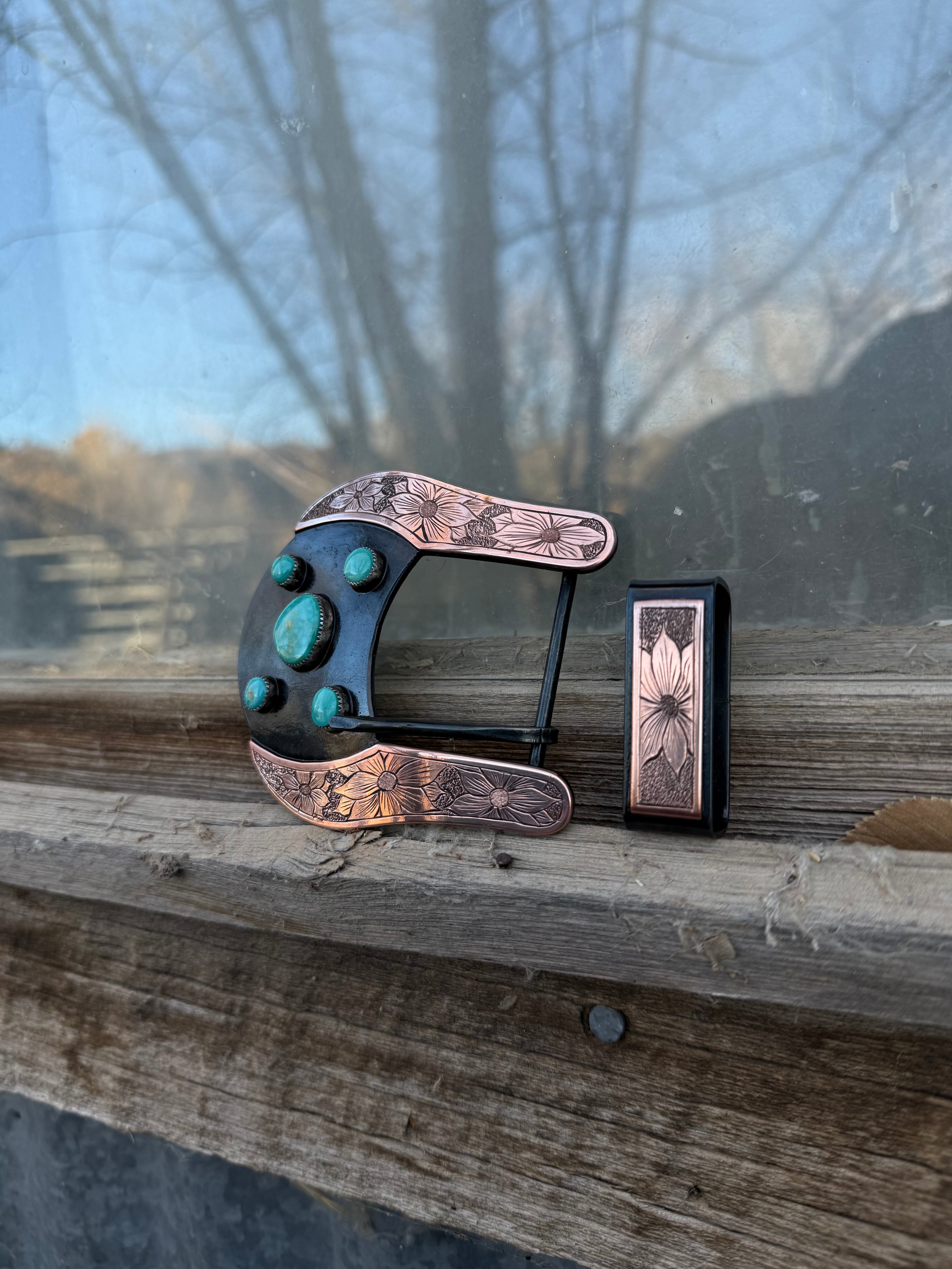 Turquoise Buckler W/ Flower Engraved Copper