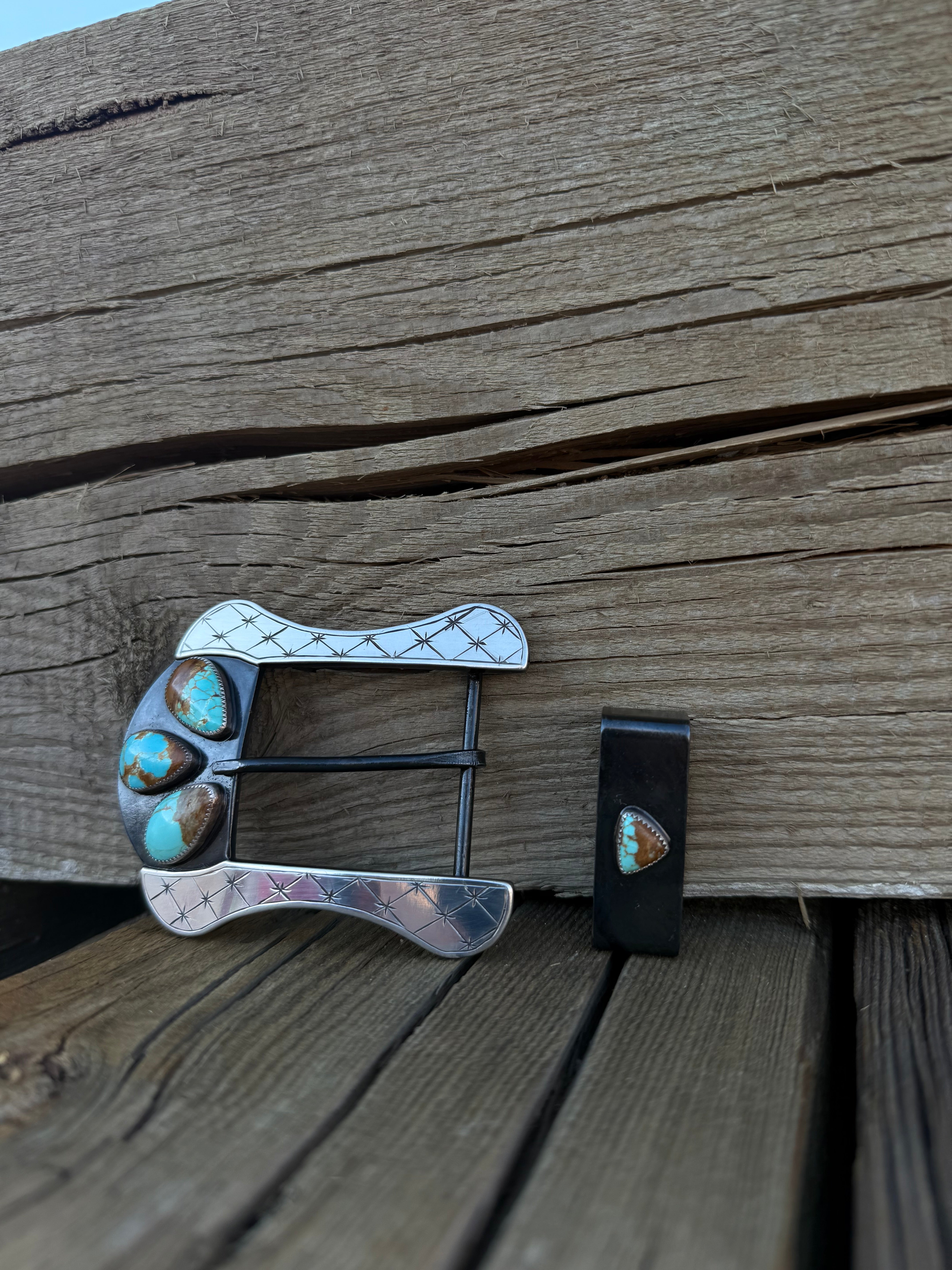 Belt Buckle with Nickel overlays and #8 turquoise – JW Western Works