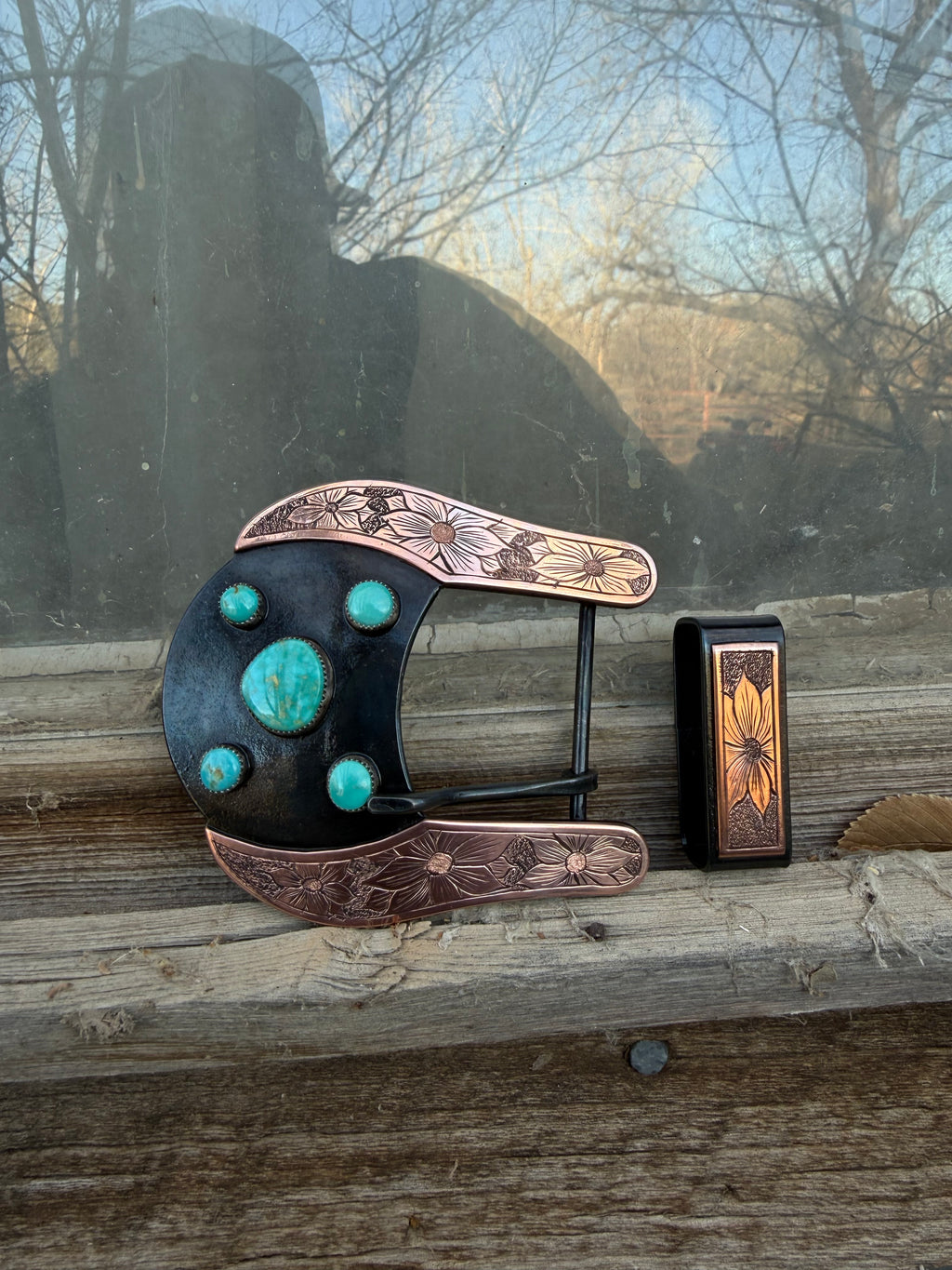 Turquoise Buckler W/ Flower Engraved Copper
